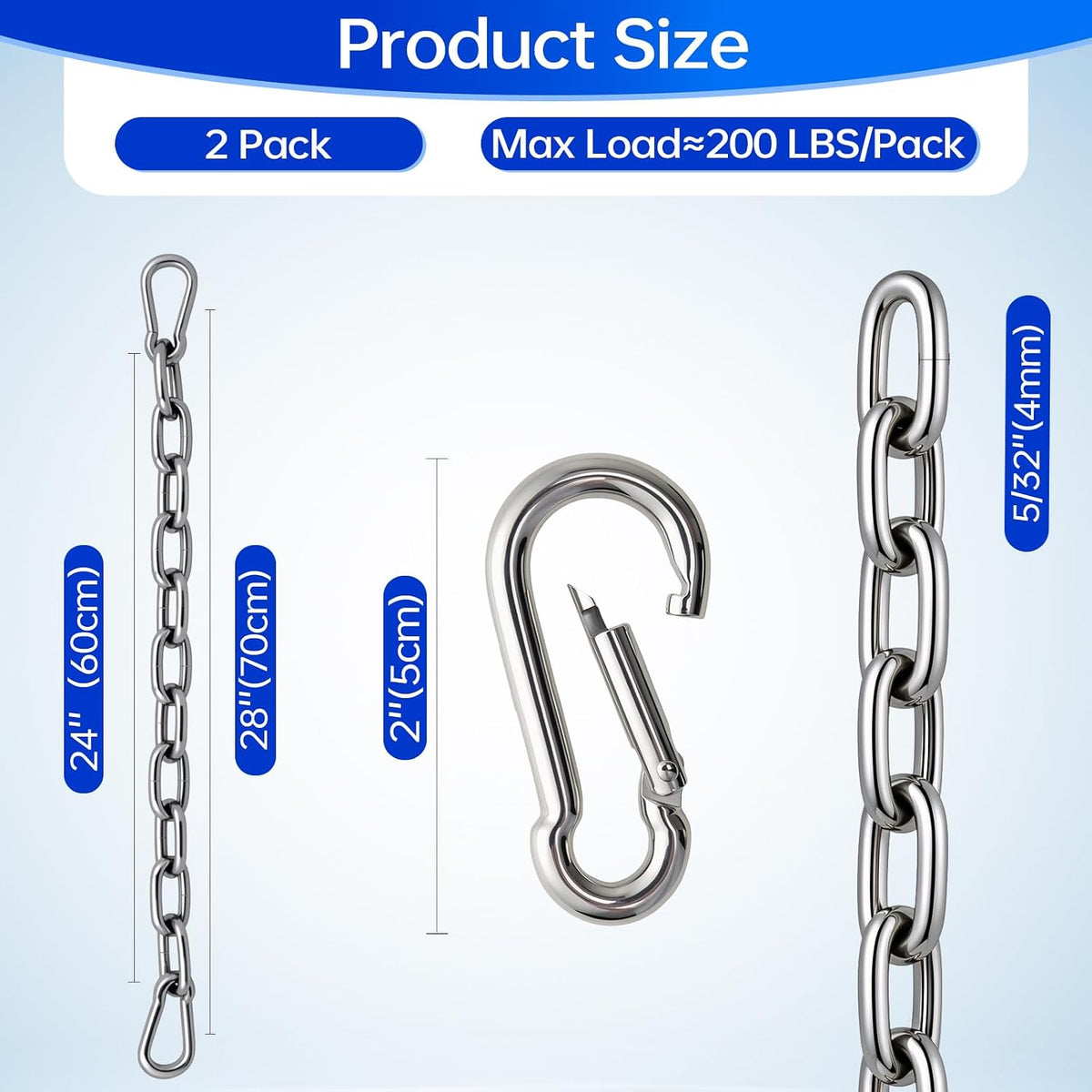 2 Pack Stainless Steel Gate Chain Lock, 5/32" x 28" Latch with Carabiners