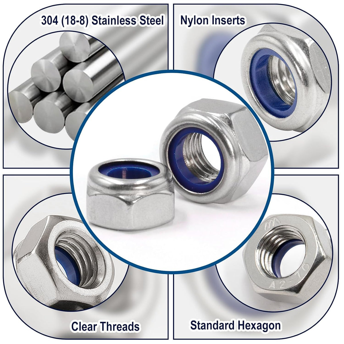 ZQZ 140 Pcs Metric Stainless Nylon Lock Nuts Assortment Kit; M3-M12 Locknut