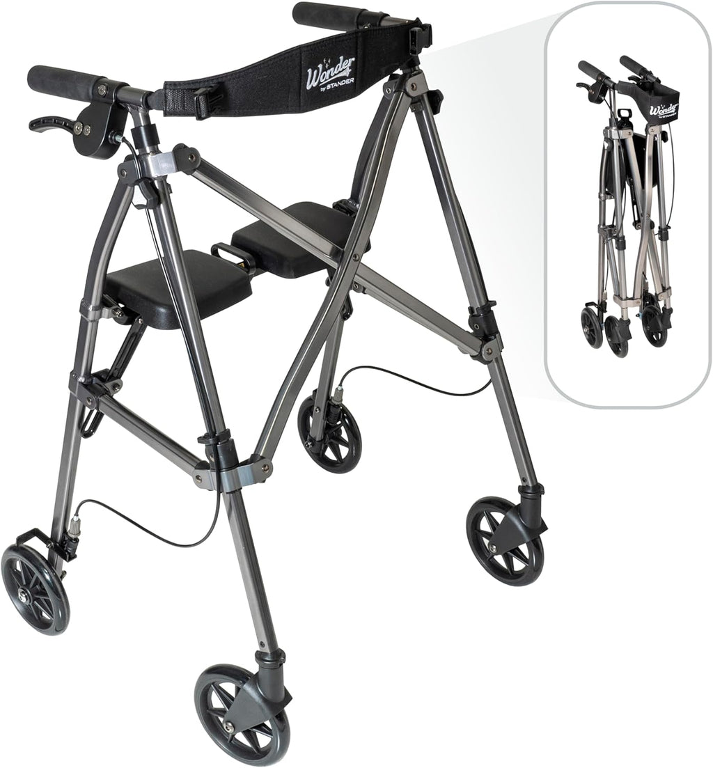 Stander Space Saver Rollator, Lightweight Folding Rolling Walker with Seat for Seniors & Adults, 4-Wheel Mobility Aid