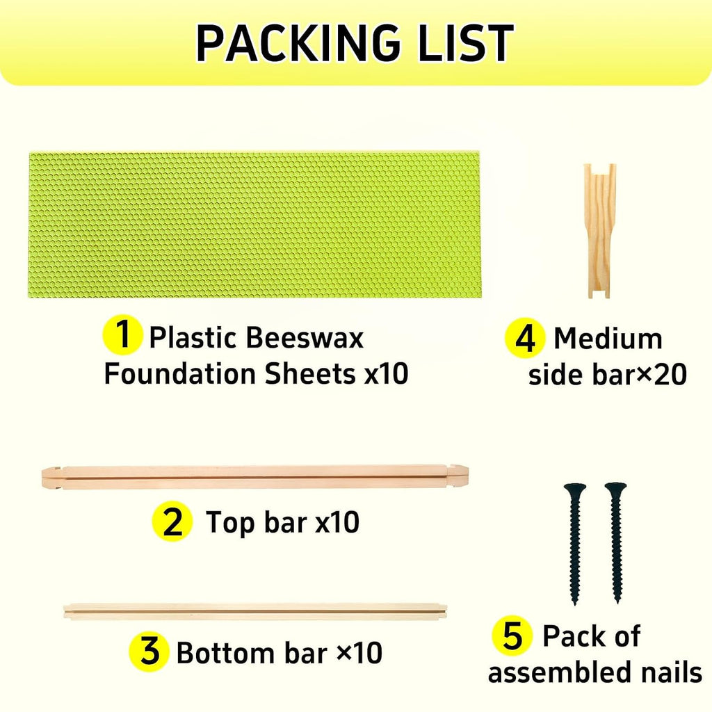 Medium Super Bee Frames with Food Grade Wax Foundations | 10 Pack, Unassembled Wood Bee Hive Frames, Beeswax Coated
