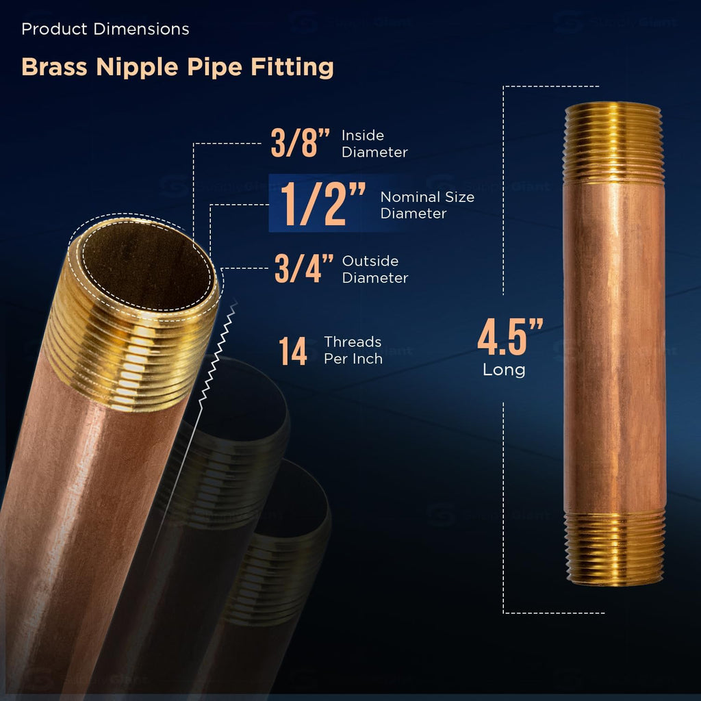 Supply Giant NPBR1245 4-1/2" Long Brass Nipple Pipe Fitting with 1/2" Nominal Diameter and NPT Ends