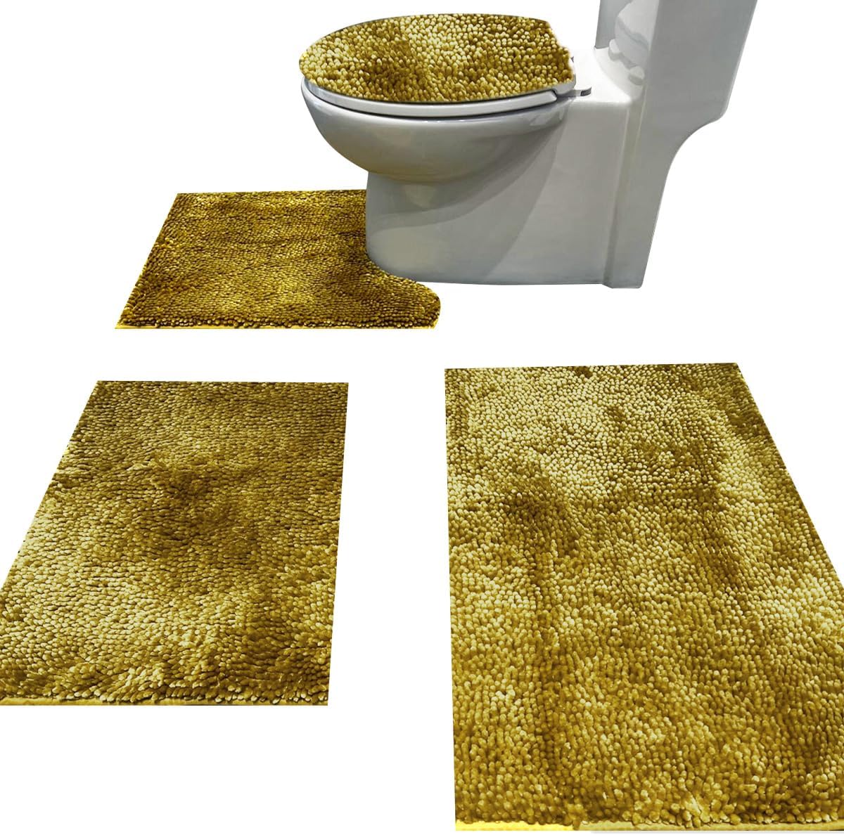 Chenille Bath Rug Sets 4 Piece with Toilet Lid Cover and Rug Set Combo, Soft Shaggy Bath Rug Set 3 Piece and U-Shaped