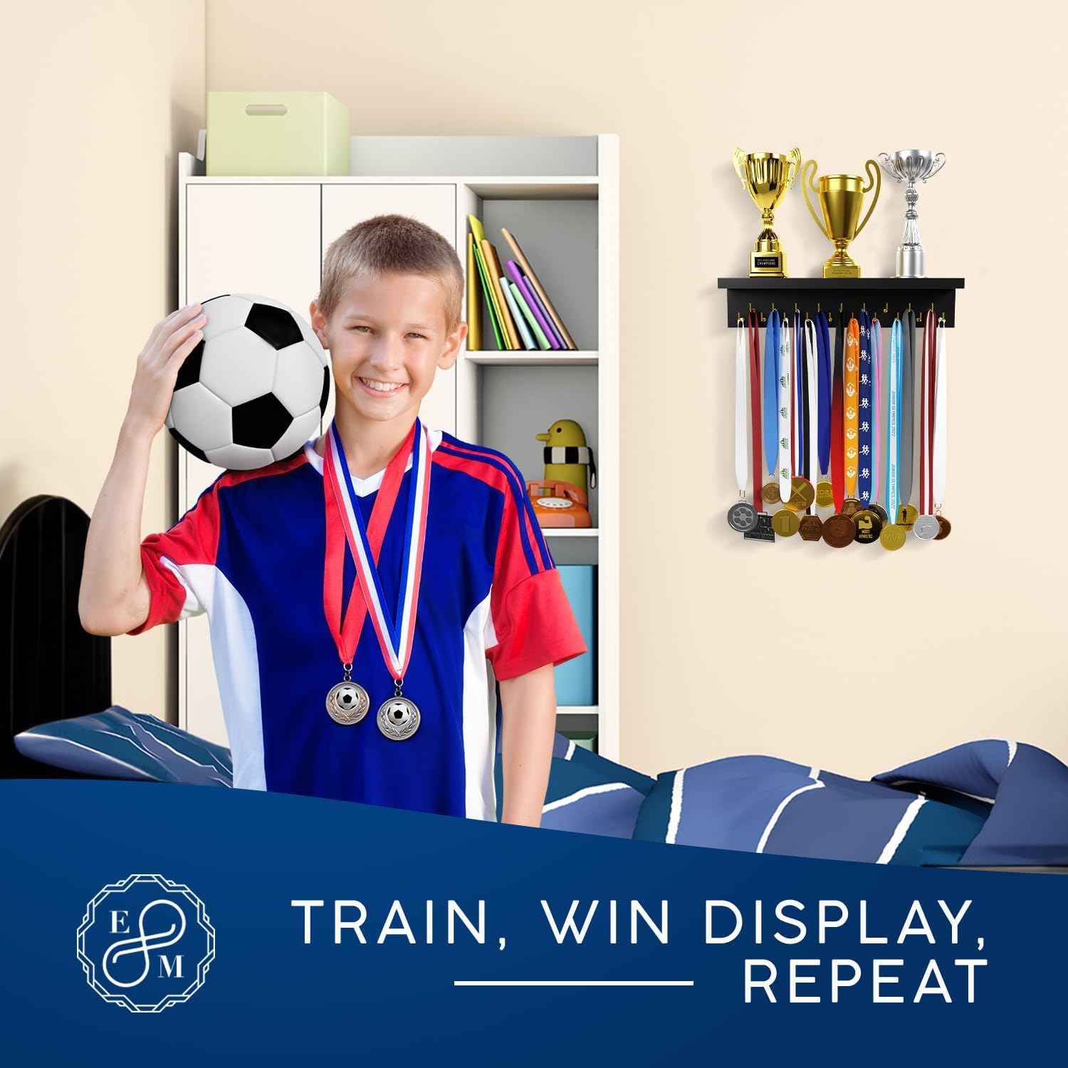 Medal Hanger Display and Trophy Shelf with Hooks - Wooden Medal Holder for Wall Mount Ribbon Display, Trophy Display