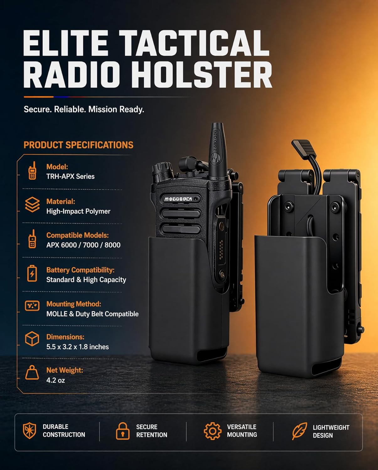Hard-Shell Radio Holster Compatible with Motorola APX 6000/8000 | Extended Battery Holder for Duty Belts and