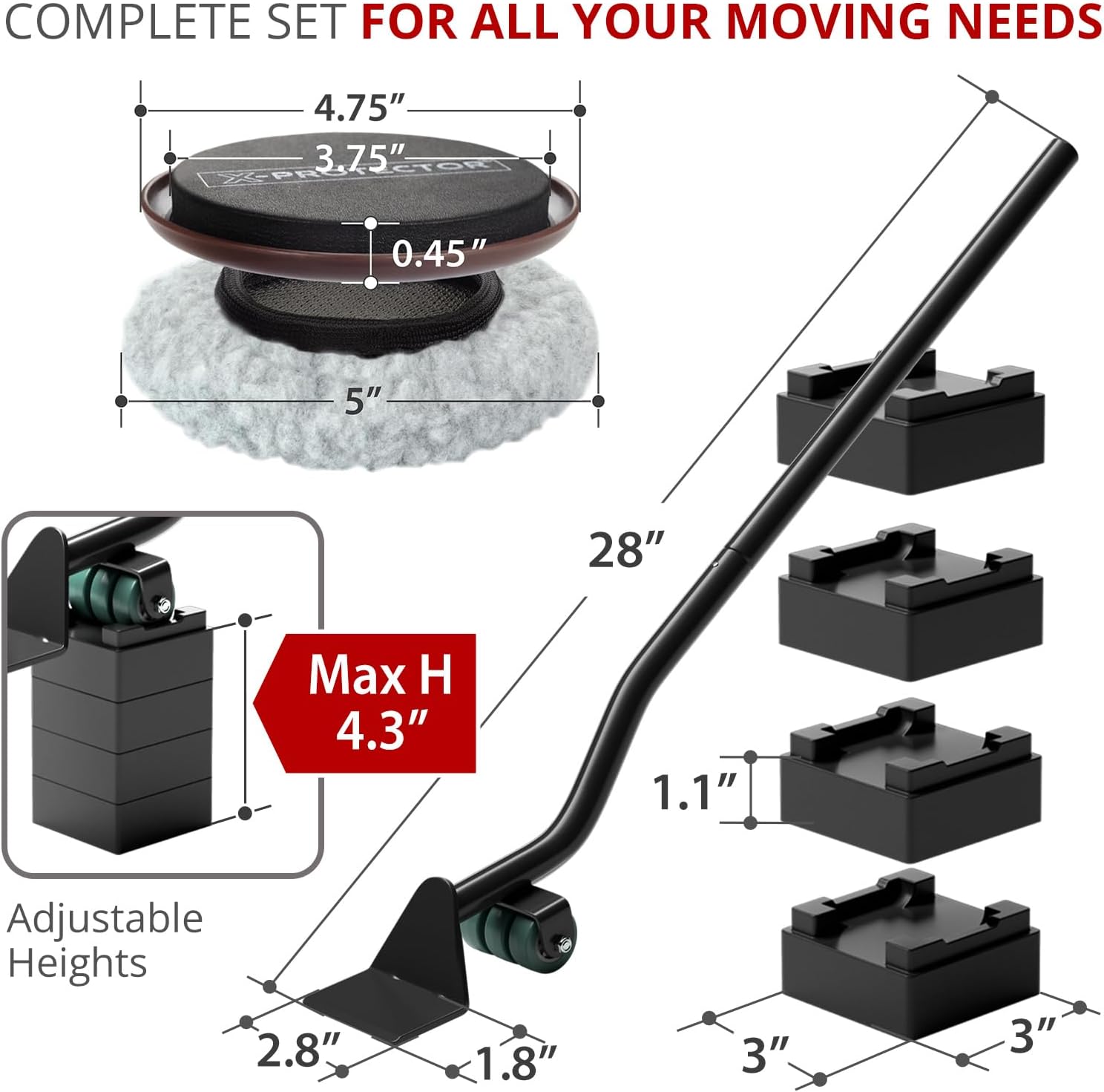 Multi-Surface Furniture Sliders & Furniture Lifter Tool Set | 4 PCS 5" Sliders for Furniture with Furniture Jack.