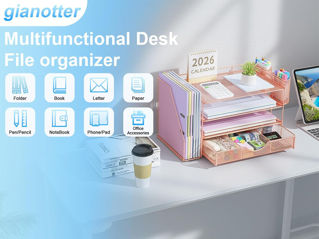 Desk Organizers and Accessories with File Holder, 4-Tier Desk Accessories & Workspace Organizers with Drawer and 2