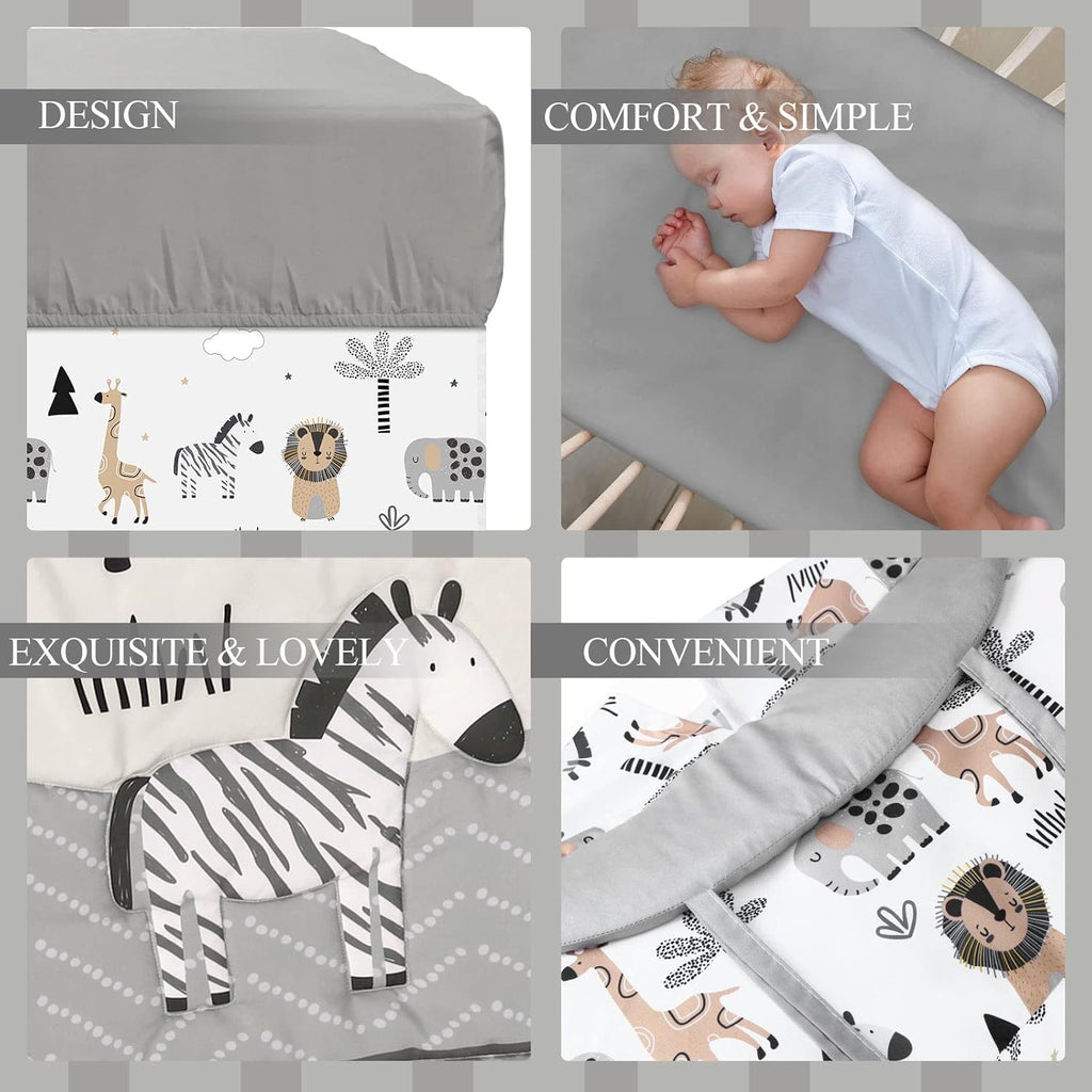 4 Piece Woodland Forest Animals Crib Bedding Set, Including Jungle Safari Crib Skirt, Blanket, Nursery Bed Sheet and