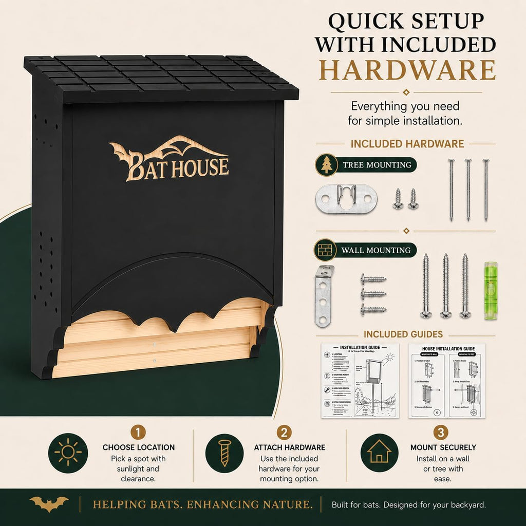 Bat Houses for Outdoors, 2-Chamber Bat Box with Tree & Wall Mount Kit