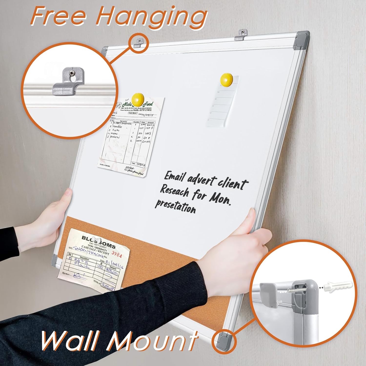 Magnetic Dry Erase and Cork Board Combo Hanging Whiteboard Notice Board for Wall Gift Home School Office, 36 x 24