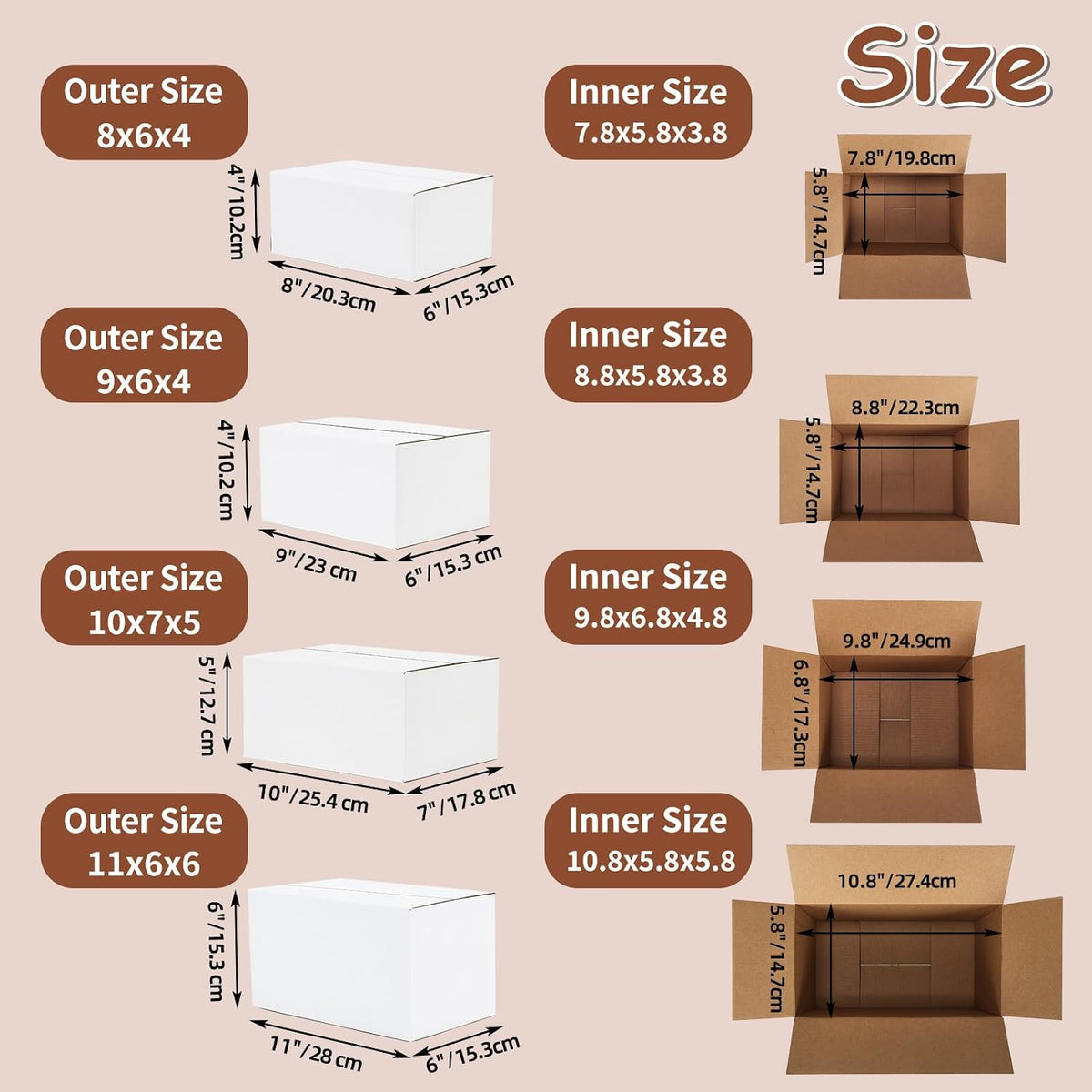 40 Pack White Assorted Shipping Boxes, 11x6x6, 10x7x5, 9x6x4, 8x6x4