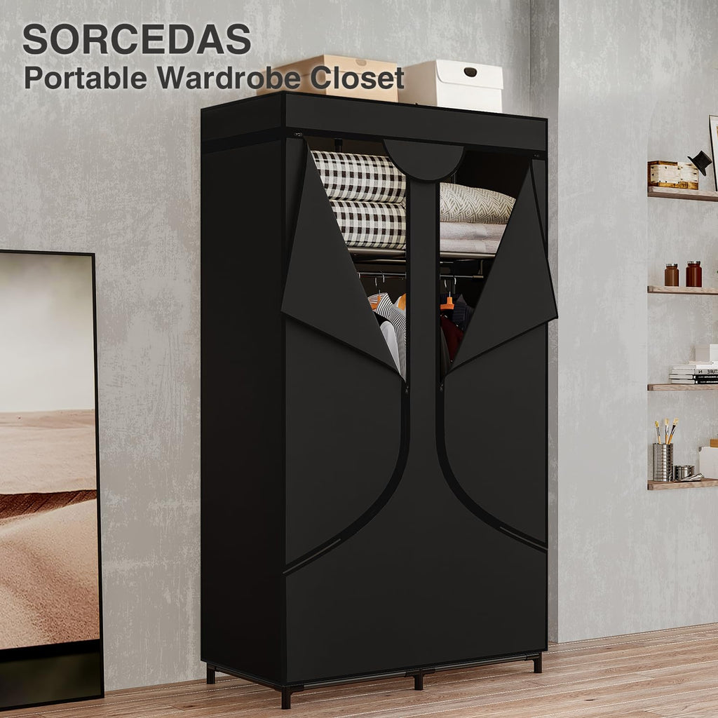 Wardrobe Closet with Hanging Rods and Shelves for Clothes Storage