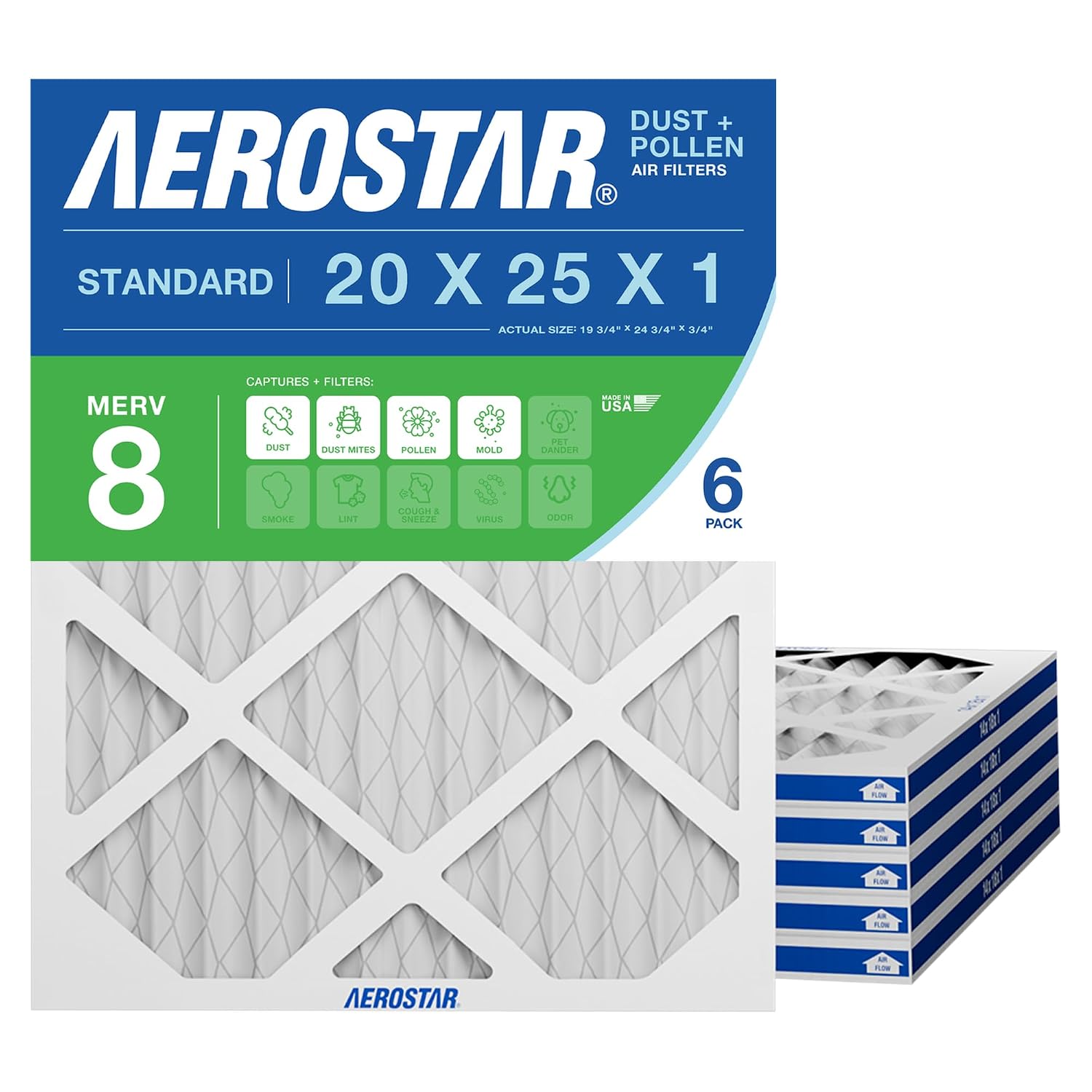 Air Filter 20x25x1 MERV 8 AC Filter, HVAC, Furnace Filter, 6 Pack | ACTUAL SIZE (19.75 x 24.75 x 0.75) AC Filter