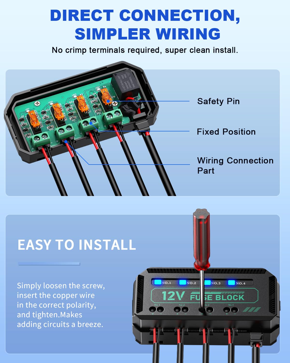 12V Fuse Block, Universal 20A Relay Box Kit with 4 Circuits Low Profile Mini Blade Fuse Holder, Battery Fuse Box
