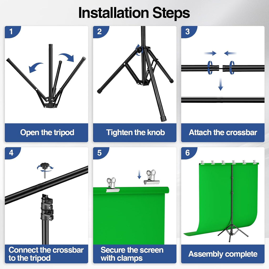 5x7 ft Green Screen Backdrop Kit with Foldable T-Shaped Stand | Portable & Compact Greenscreen Kit Includes 6 Clips