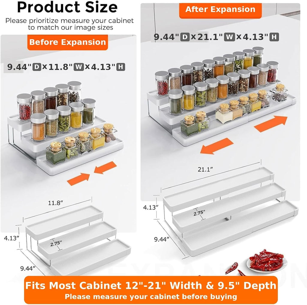 Expandable Spice Rack Organizer for Cabinet - 3 Tier Adjustable Cabinet Spice Organizer Easy Visibility - Spice