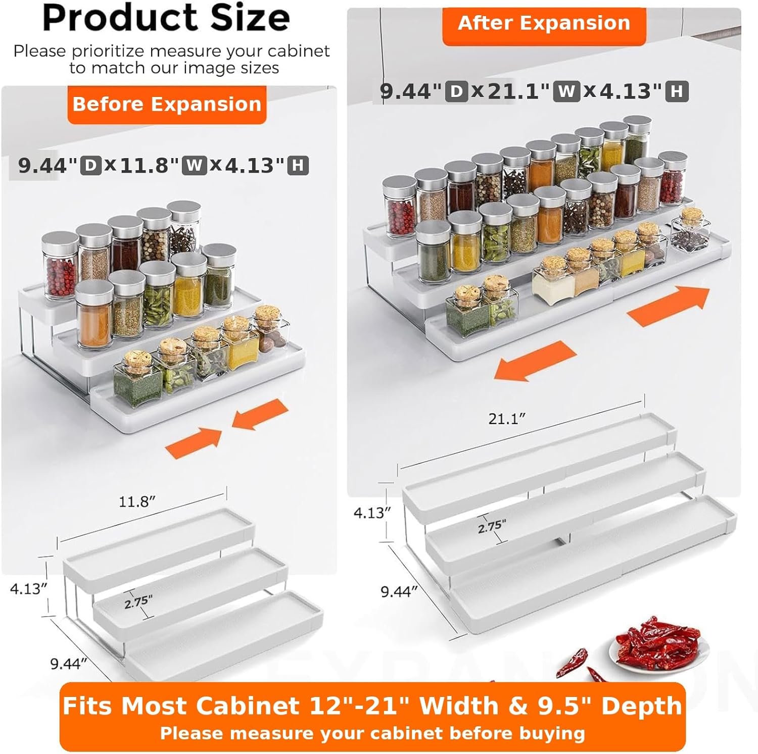 Expandable Spice Rack Organizer for Cabinet - 3 Tier Adjustable Cabinet Spice Organizer Easy Visibility - Spice