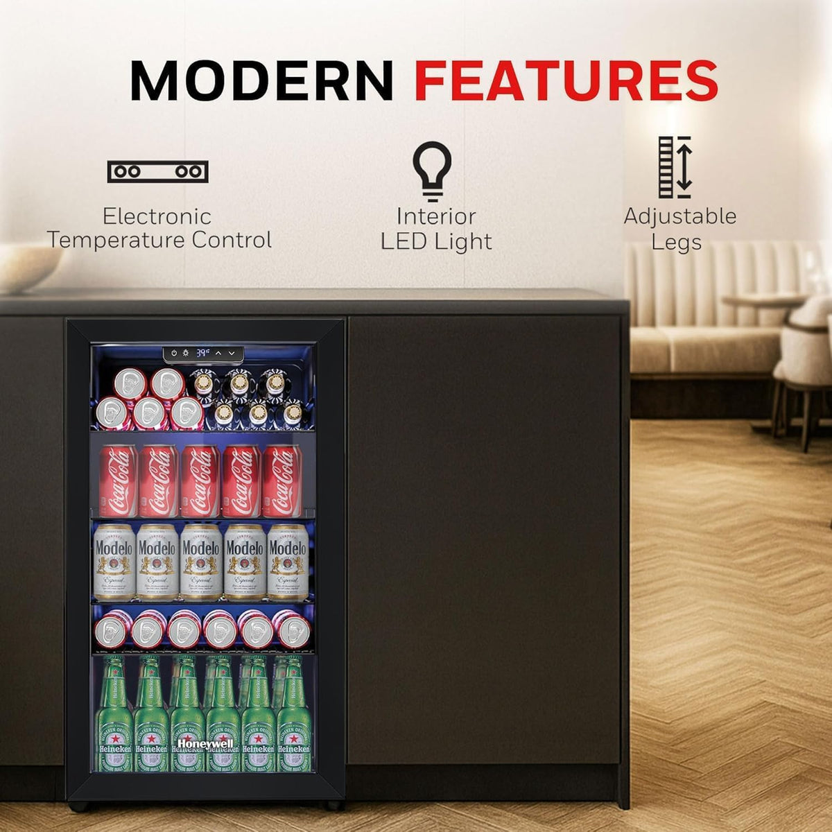 Beverage Refrigerator and Cooler, 116 Can Mini Fridge with Glass Door for Soda Beer or Wine for Office or Bar with