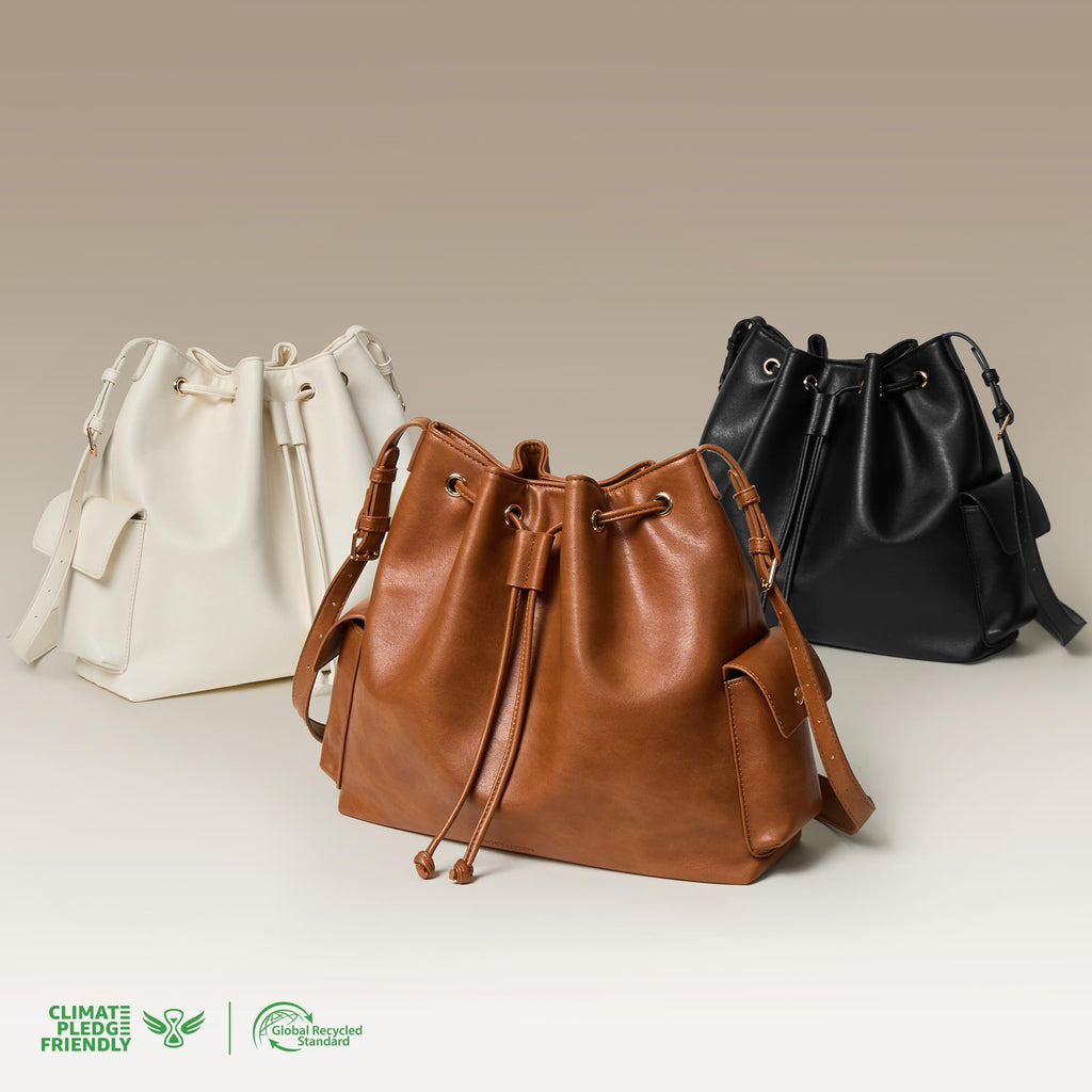 Vegan Leather Bucket Bag Drawstring Crossbody Purse for Women