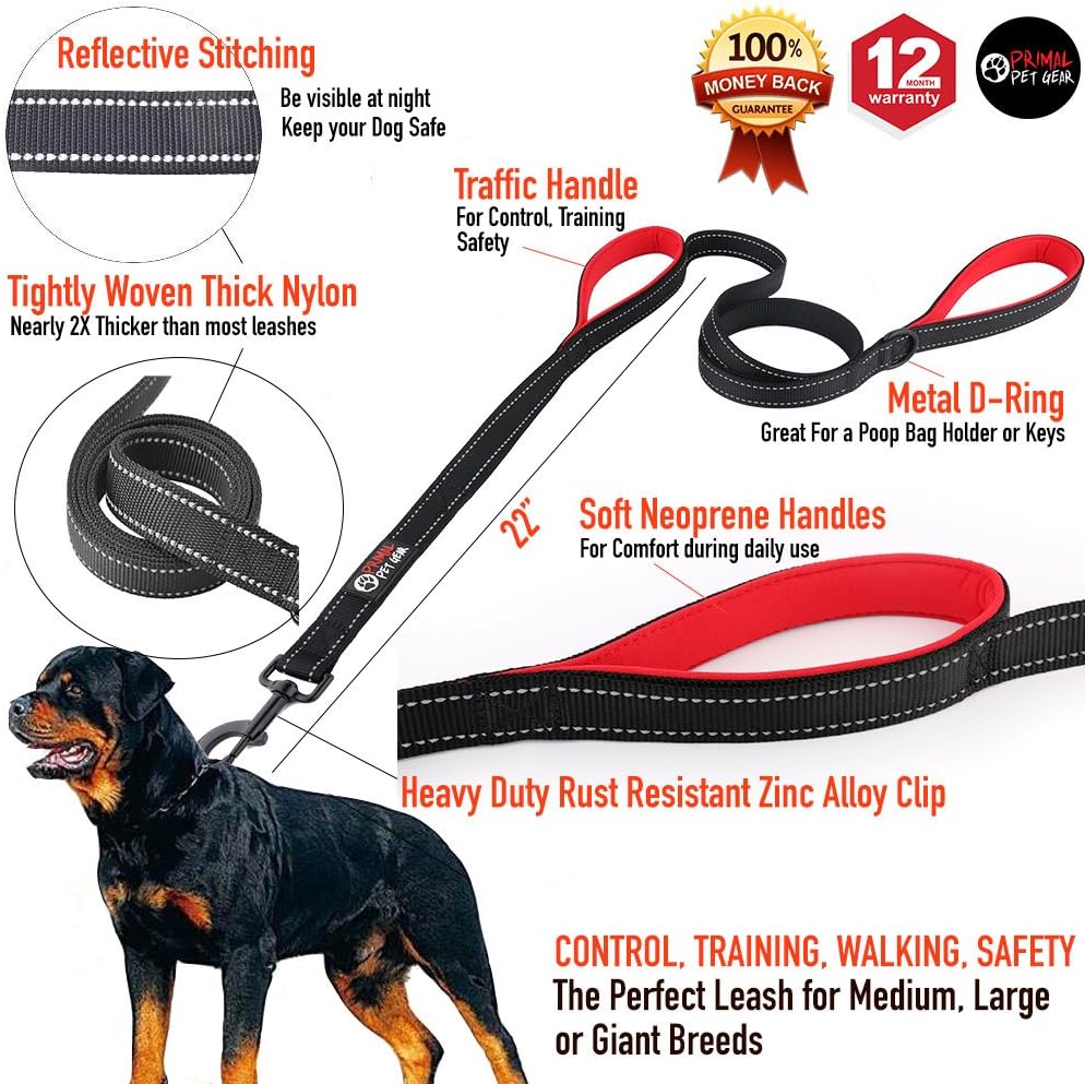 Dog Leash 8ft Long - Black - Traffic Padded Two Handle - Heavy Duty - Double Handles Lead for Control Safety Training