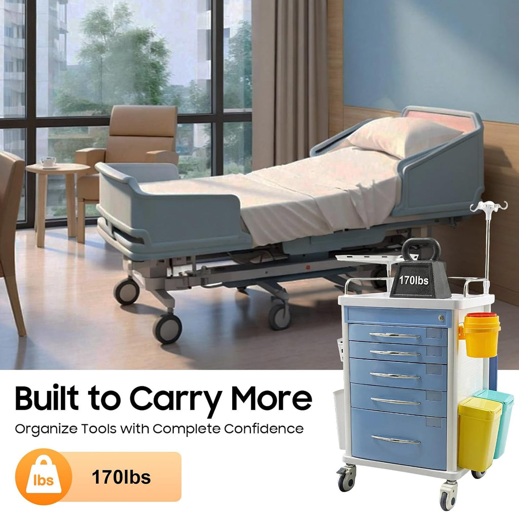 Medical Rolling Storage Crash Cart with Wheels & 5 Drawers, Hospital Mobile Ultrasound Med Cart with Power Strip