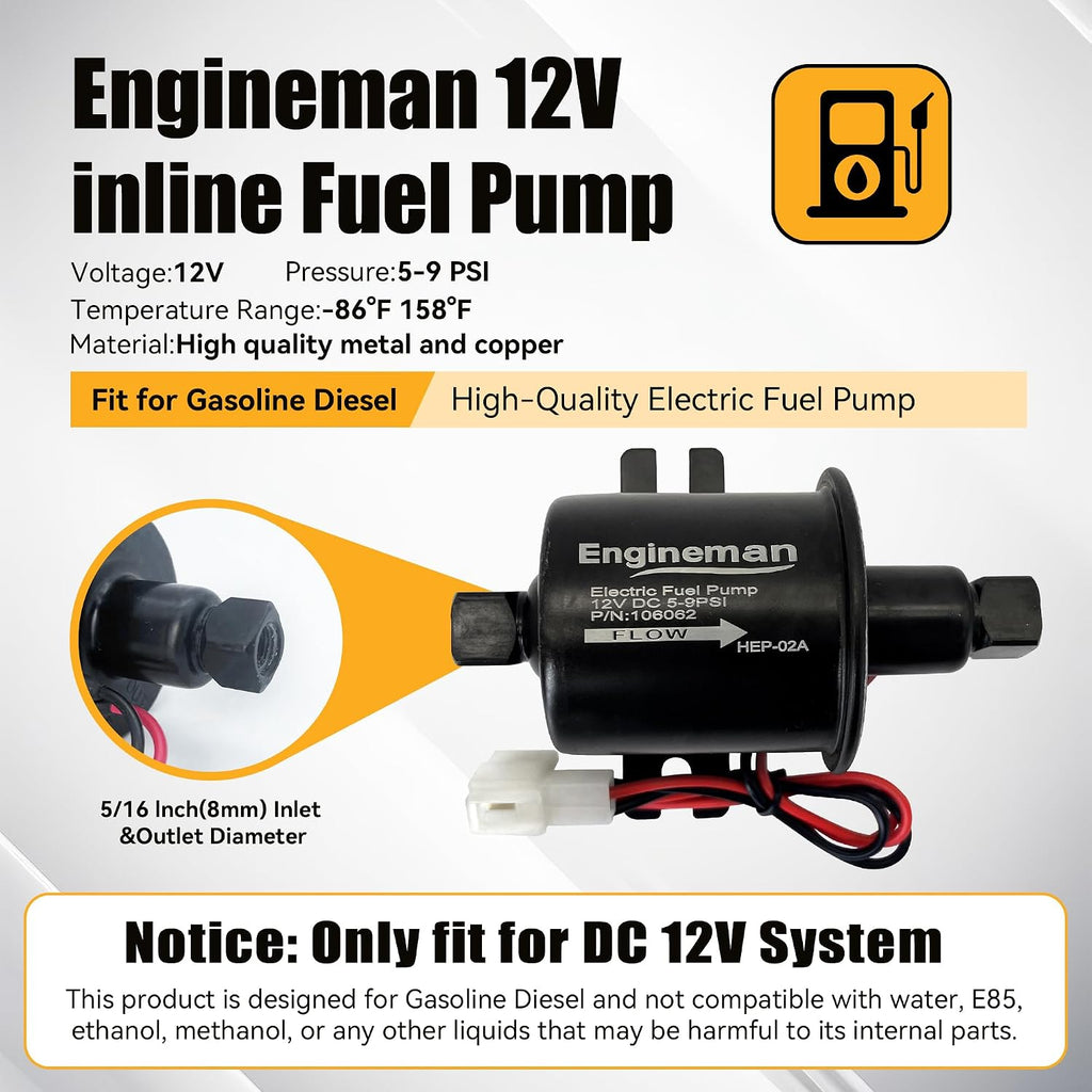 Universal Electric Fuel Pump Kit 12V 5-9 PSI Low Pressure with Fuel Filters 6 Hose Clamps 6.56 FT 5/16" ID Fuel Line