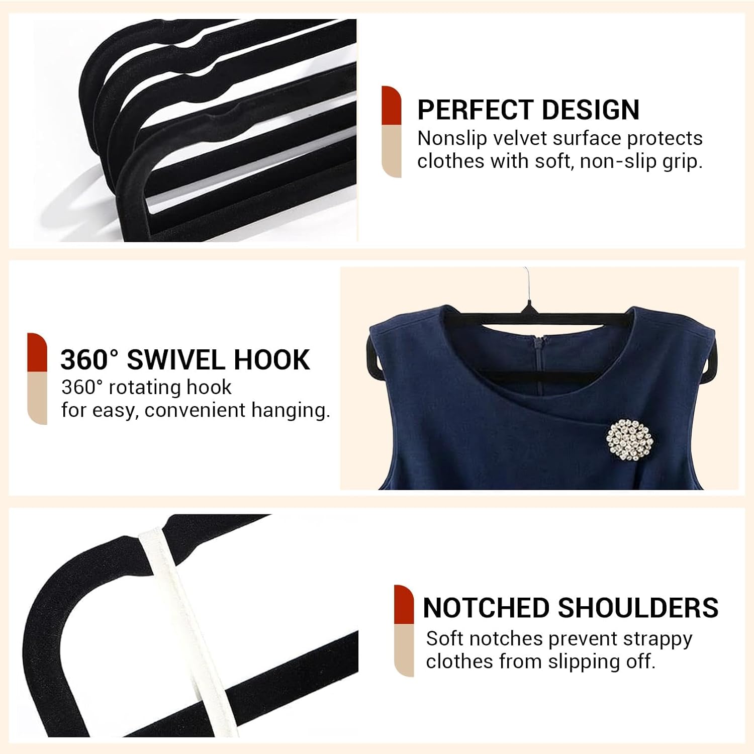 20-Pack Black Anti-Slip Velvet Clothing Hangers, Slim Space-Saving Design with 360° Rotatable Silver Metal Hooks and
