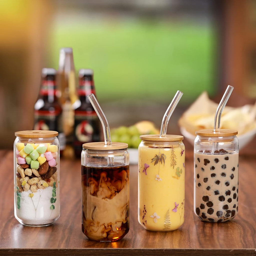 Drinking Glasses with Bamboo Lids and Glass Straw 4pcs Set - 16oz Glass Cups, Iced Coffee Glasses, Cute iced Tea