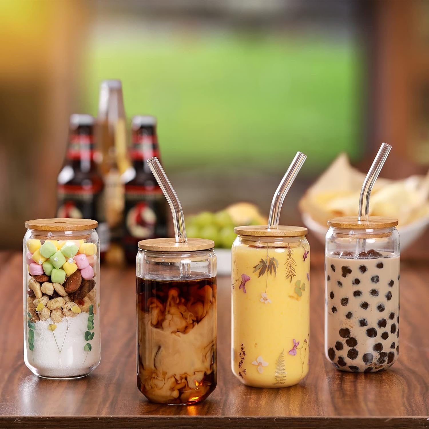 Drinking Glasses with Bamboo Lids and Glass Straw 4pcs Set - 16oz Glass Cups, Iced Coffee Glasses, Cute iced Tea