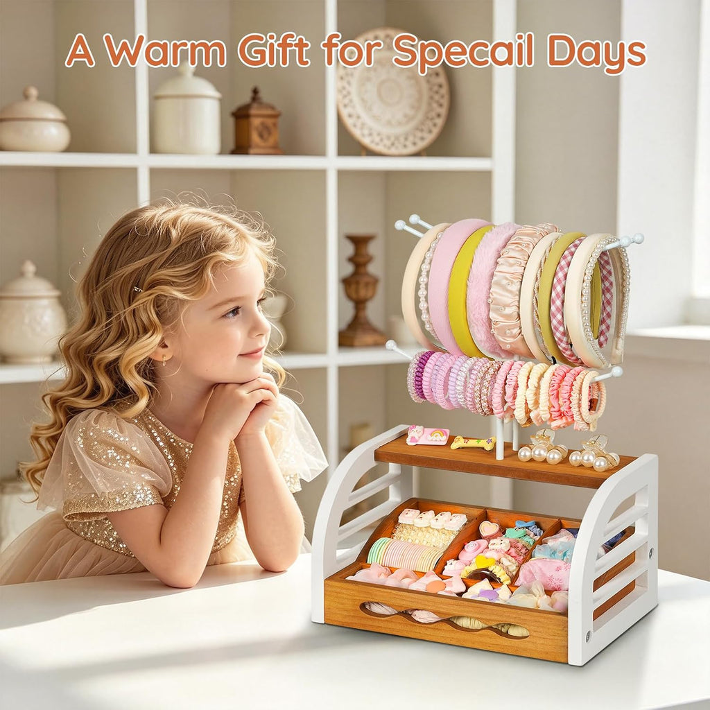 Headband Holder Stand, Hair Accessories Organizer with Dividers | Wood & Metal Tiered Storage Rack for Scrunchies