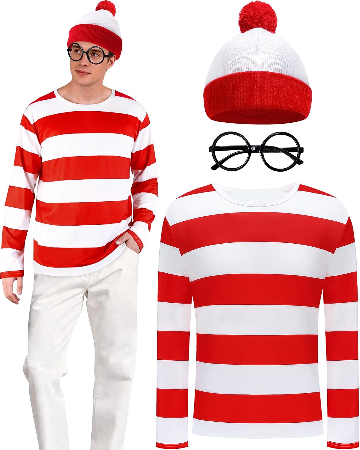 Halloween Costume Adult,Red and White Striped Shirt,Couple Costume | 3 PCS Halloween Easy Costumes,Red and White