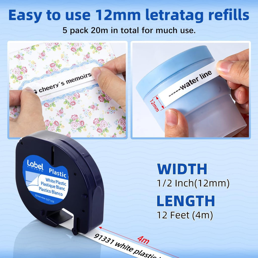 Compatible with Dymo LetraTag Label Maker Refills 91331 Plastic White Tape | 12mm x 4m (1/2" x 13'), Work with