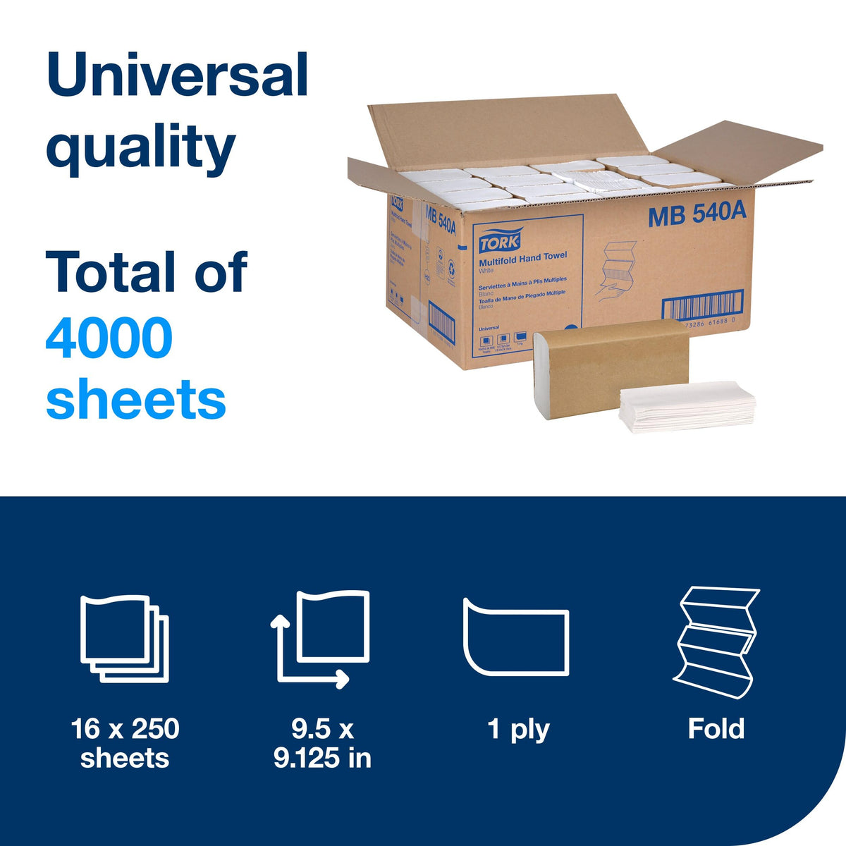 Multifold Hand Towel White H2, 16 x 250 Towels, MB540A