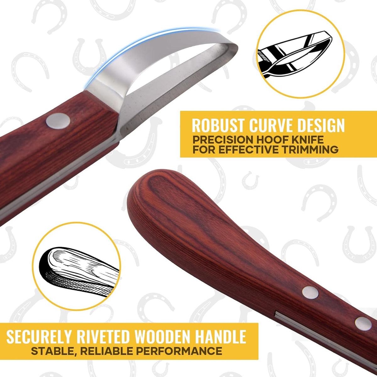 Hoof Knife with Sharpener, 2 PCS Professional Farrier Kit, Curved Stainless Steel Trimming Knife & 400/800 Grit