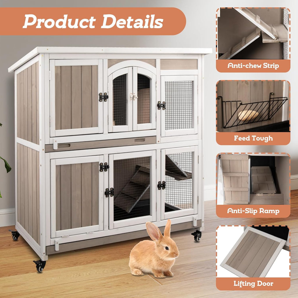 2 Story Large Rabbit Hutch Indoor with 2 Deeper Pull-Out Trays, Wooden Rabbit Cage with 4 Lockable Wheels, Ramp