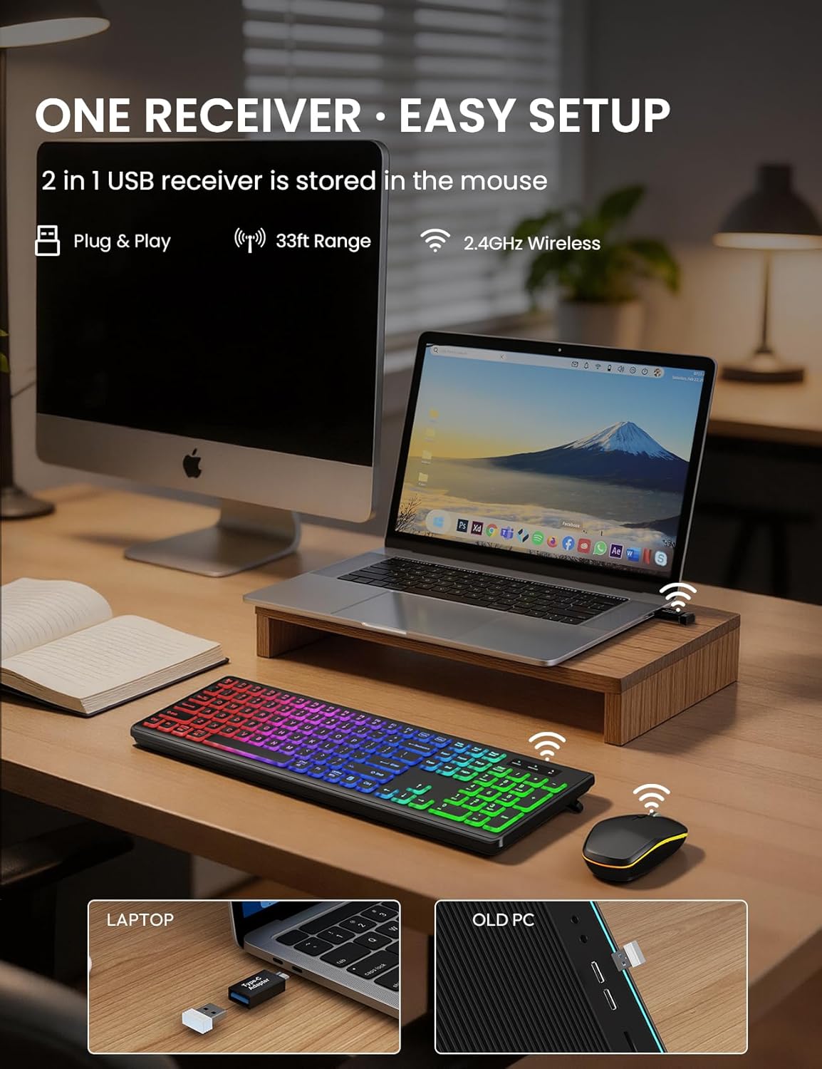 Wireless Keyboard and Mouse Combo with RGB Backlit, Rechargeable | Light Up Letters, Full-Size, Soft Typing, Sleep