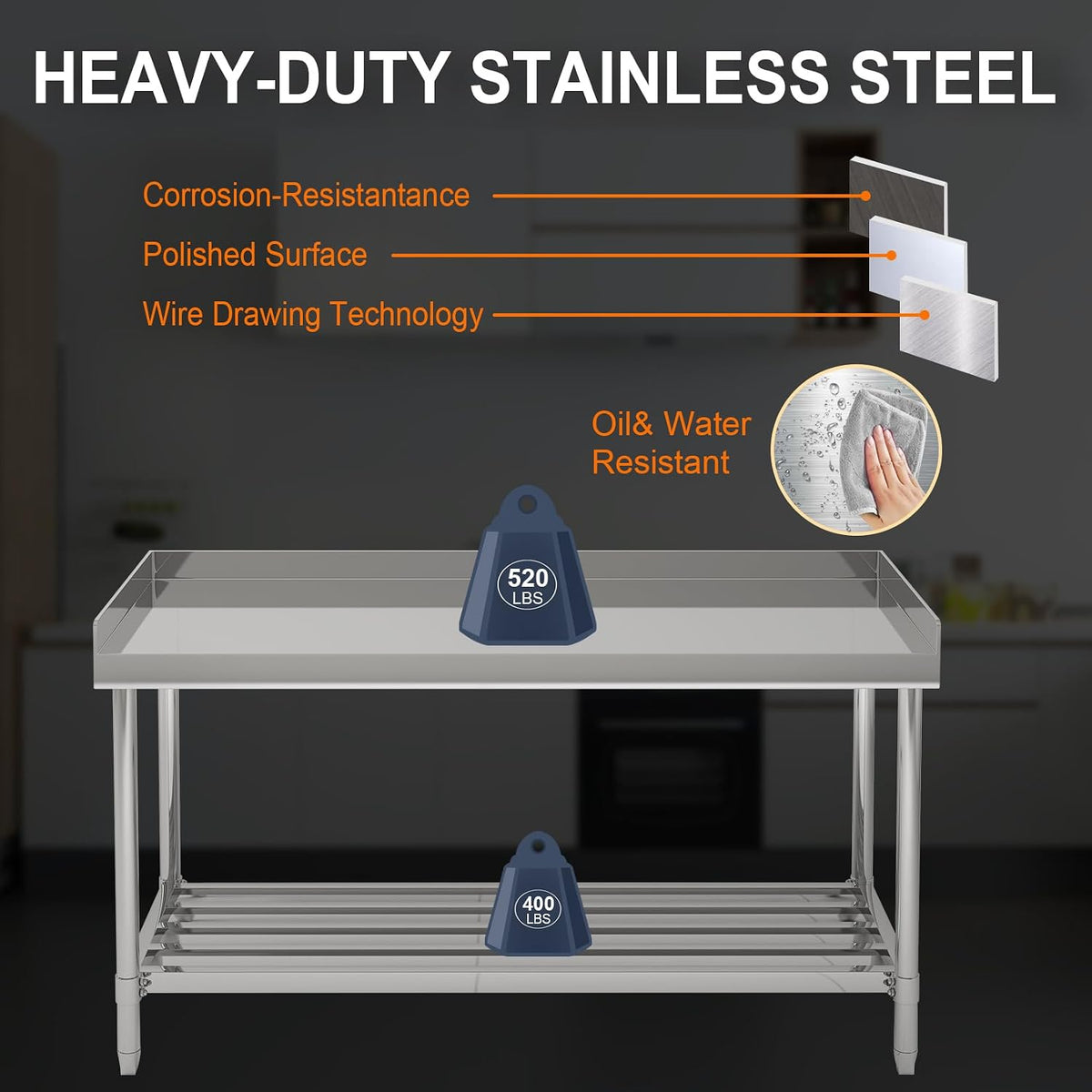48" x 24" NSF Stainless Steel Work Table with Backsplash, Adjustable Undershelf, Heavy Duty Prep Table for Commercial