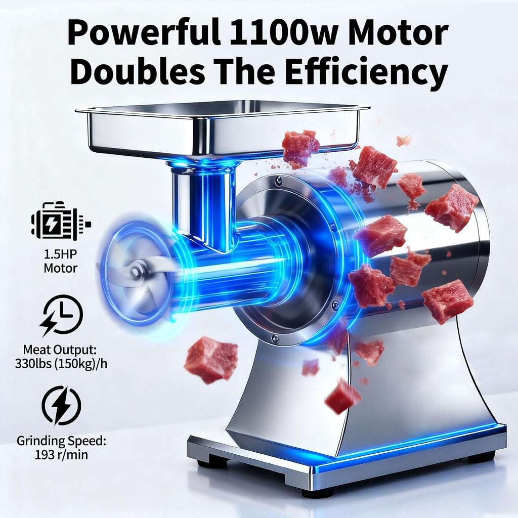 Heavy Duty Commercial Meat Grinder Machine 1.5 HP, 1100W, 330LB/h Stainless Steel Electric Meat Mincer with 2 Blades