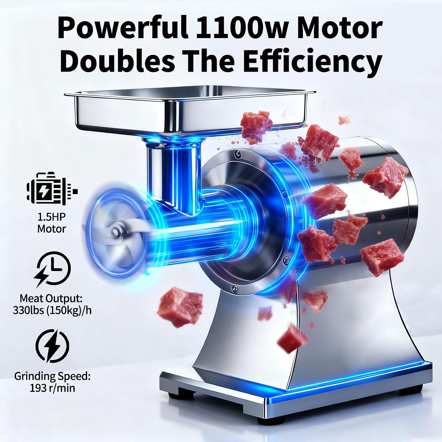 Heavy Duty Commercial Meat Grinder Machine 1.5 HP, 1100W, 330LB/h Stainless Steel Electric Meat Mincer with 2 Blades