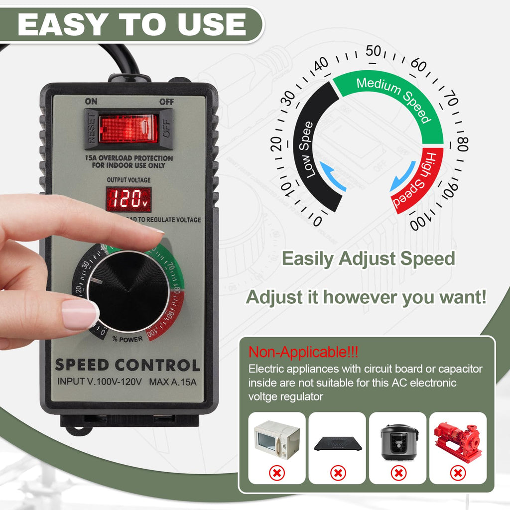 AC Motor Speed Controller, 120V 15A Speed Regulator for Brushed Motors
