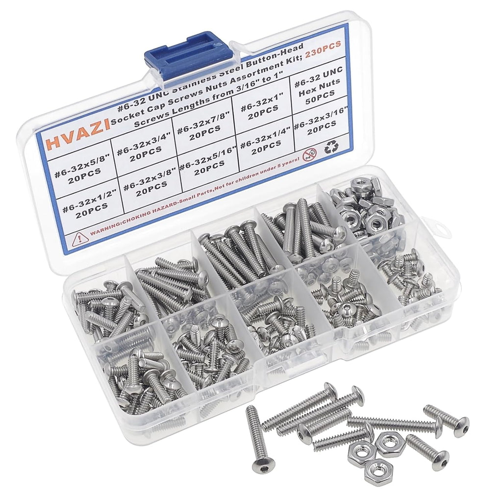 230PCS #6-32 UNC 304 SS Button-Head Socket Cap Screws & Hex Nuts Kit