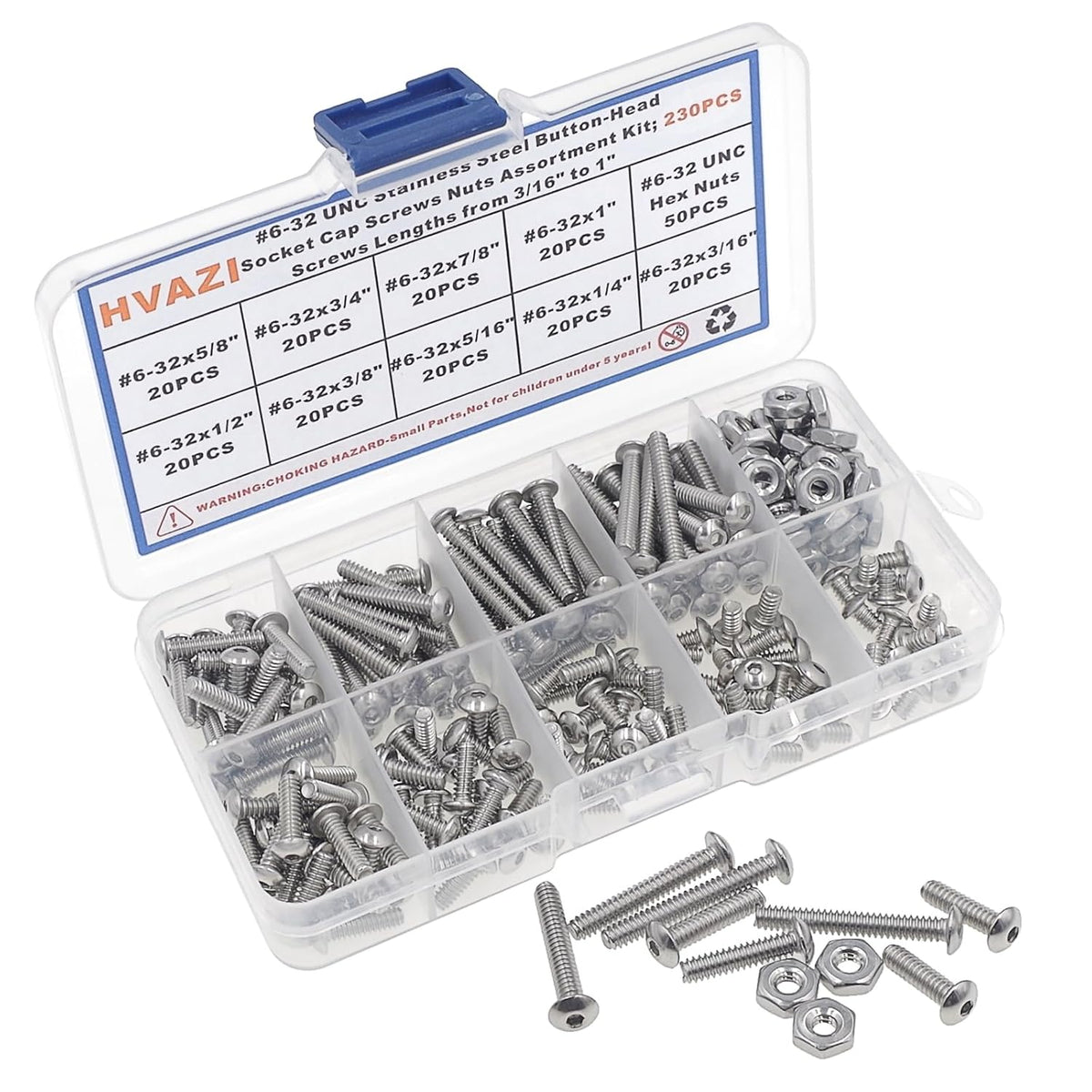 230PCS #6-32 UNC 304 SS Button-Head Socket Cap Screws & Hex Nuts Kit