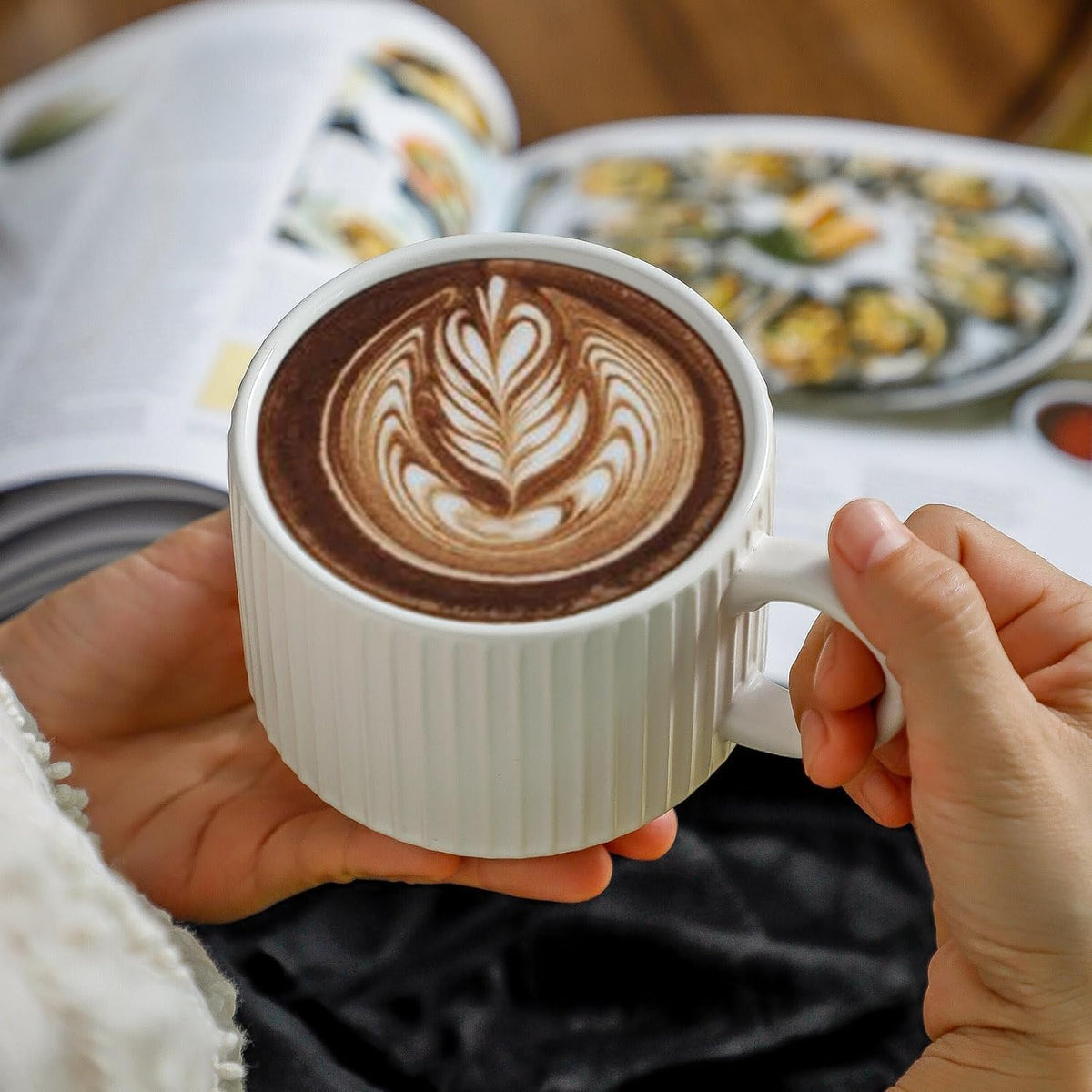 Stackable Coffee Mugs Set of 4 with Stand, Ceramic 15oz Coffee Cups, White