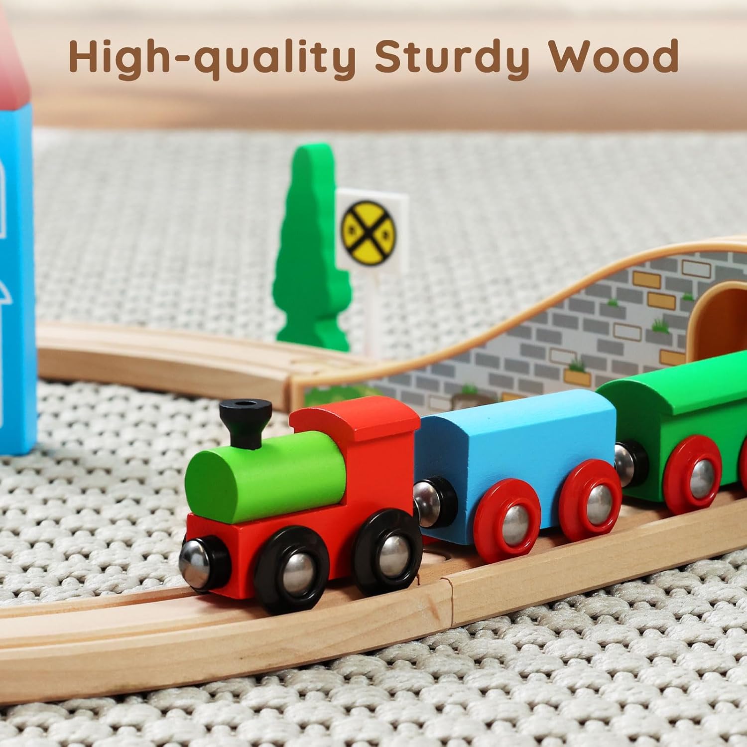 Wooden Train Set for Toddler with Double-Side Train Tracks Fits Brio, Thomas, Melissa and Doug, Kids Wood Toy Train
