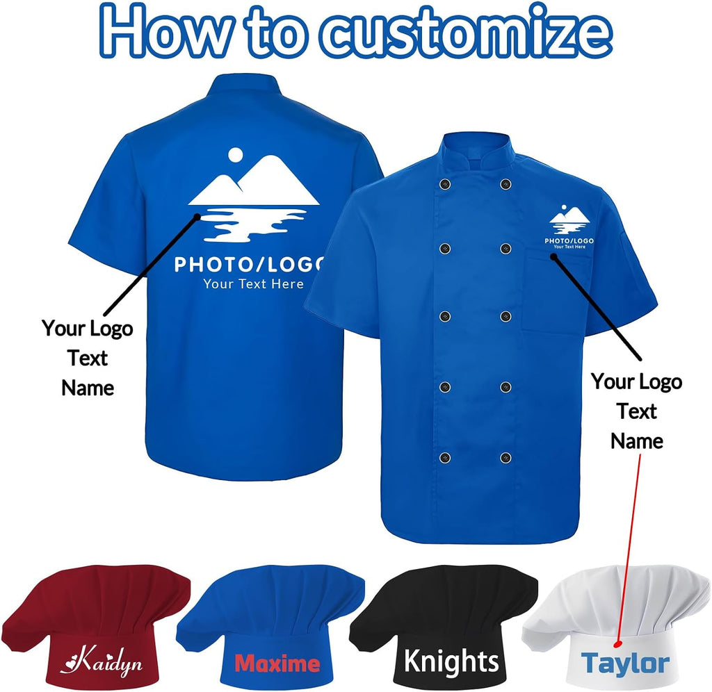 Chef Coat Personalized Name Logo Text Custom Chef Jackets with Pockets Chef's Hat Unisex Work Shirt for Men Women