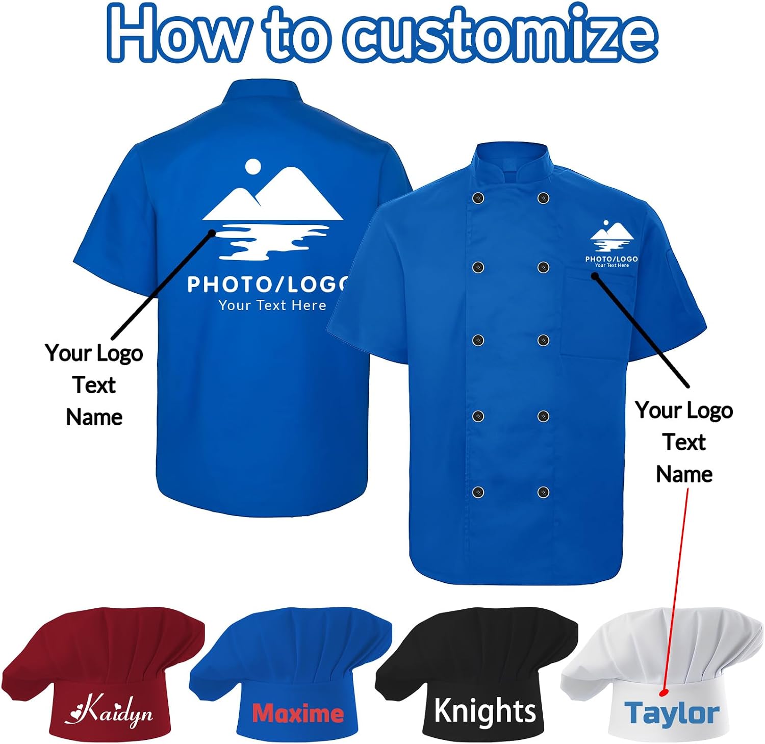 Chef Coat Personalized Name Logo Text Custom Chef Jackets with Pockets Chef's Hat Unisex Work Shirt for Men Women