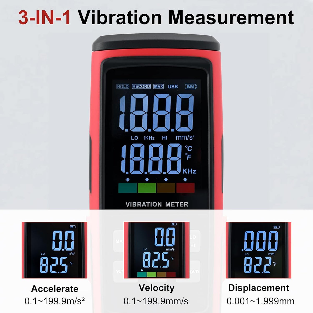 Digital Vibration Meter, 3-in-1, 3 Probes, ISO 10816