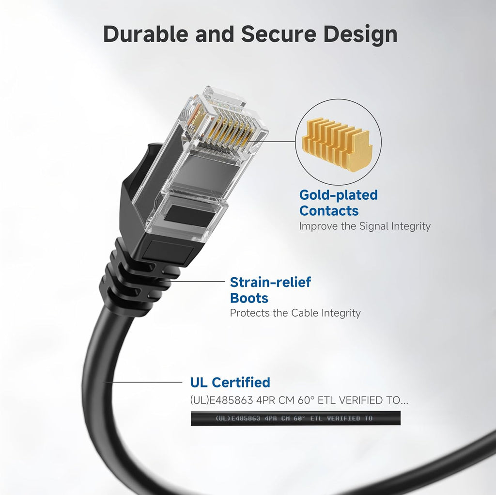 10Gbps Snagless Cat 6 Ethernet Cable, 50ft, Black | 24 AWG Bare Copper, Gold-Plated RJ45, PoE++, 550MHz Bandwidth