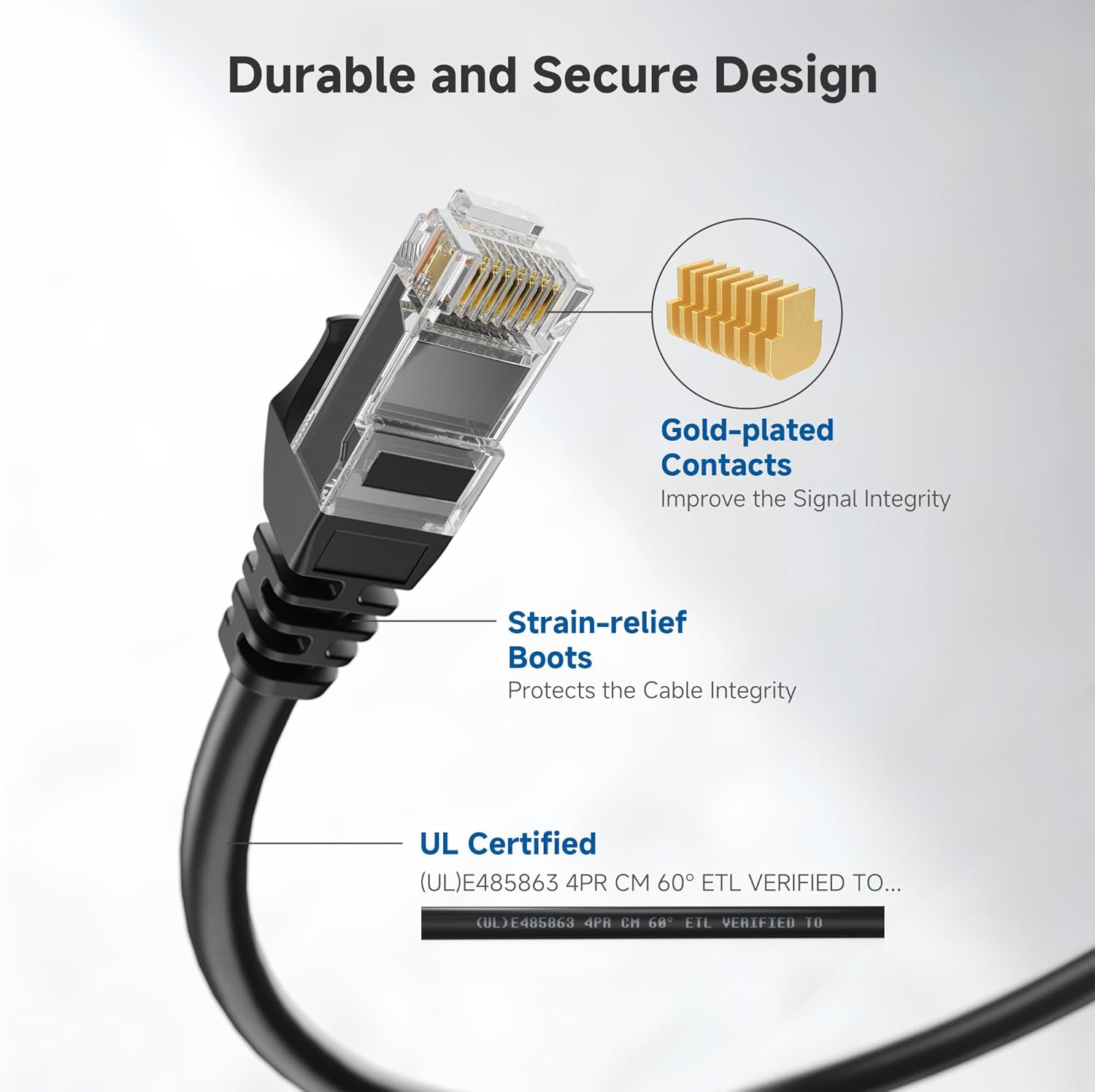10Gbps Snagless Cat 6 Ethernet Cable, 50ft, Black | 24 AWG Bare Copper, Gold-Plated RJ45, PoE++, 550MHz Bandwidth