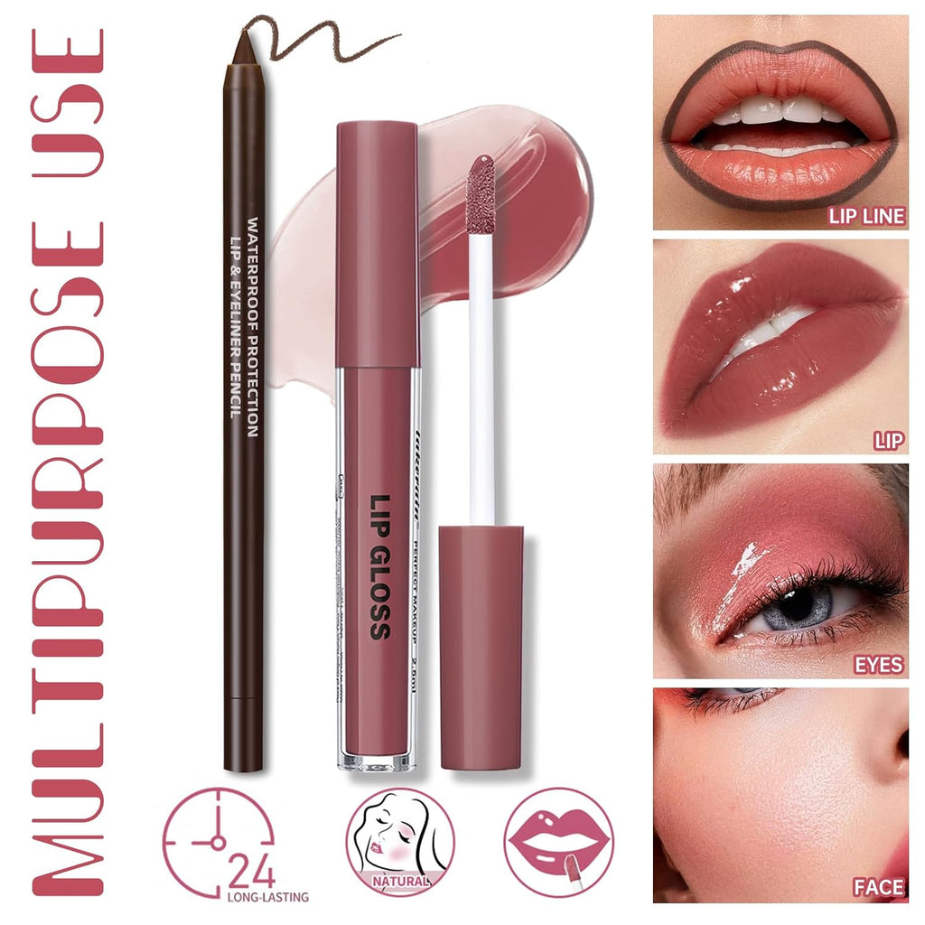 Rose Pink Lip Kit with Nourishing Lip Gloss&Brown Lip Liner Combo | Moisturizing High Shine Finish for Juicy Volume