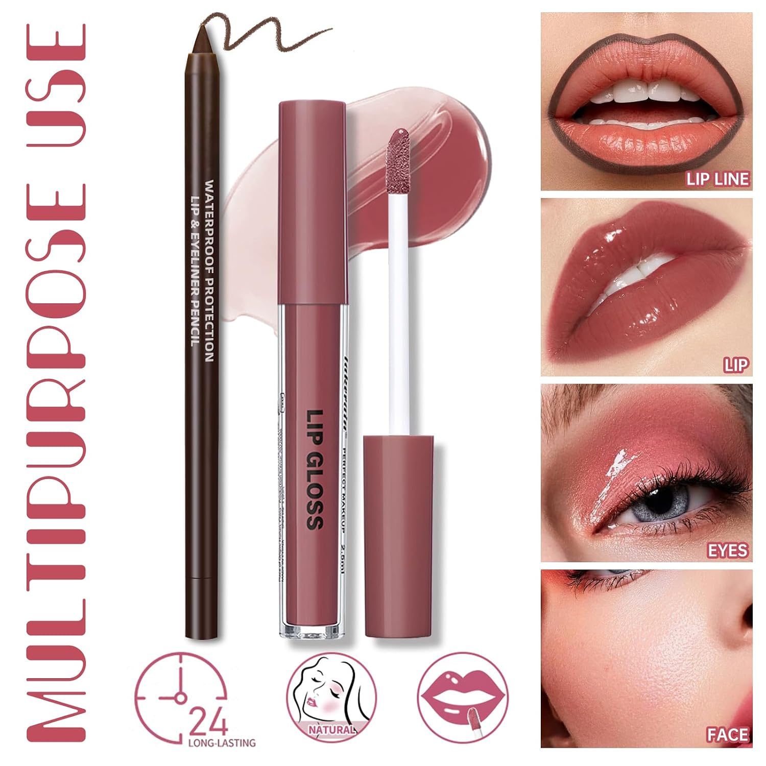 Rose Pink Lip Kit with Nourishing Lip Gloss&Brown Lip Liner Combo | Moisturizing High Shine Finish for Juicy Volume